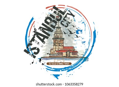 The Maiden's Tower (Kiz Kulesi), istanbul/Turkey city design. Hand drawn illustration.