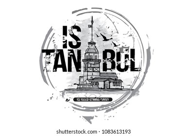 The Maiden's Tower (Kiz Kulesi), istanbul/Turkey city design. Hand drawn illustration.