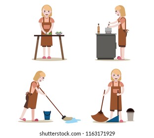 Maids Work Set. Women with cleaning equipment Isolated vector. Housekeeper job.