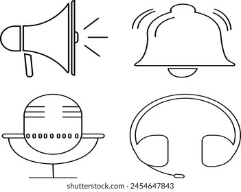  Maik, vector line art design.Microphone - Illustration Icons.Wedding Flat Design Speech Icon with Side Shadow. Headphones icons. Vector illustration.Notification bell icon.Alarm symbol. Stock vector.