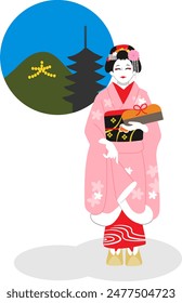 Una maiko en Kioto con una pagoda de cinco pisos y la hoguera Daimonji en el fondo - los personajes en la montaña son Grandes caracteres japoneses kanji