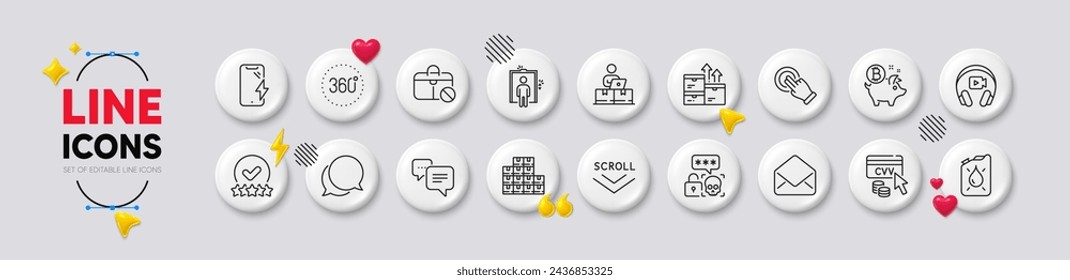 Mail, 360 degrees and Cyber attack line icons. White buttons 3d icons. Pack of Wholesale goods, Bitcoin coin, Elevator icon. Cvv code, Canister, Scroll down pictogram. Vector