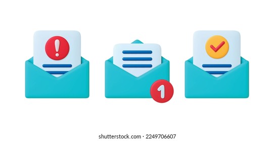 Mail 3d icons. Email notice, new letter, attention news and dangerous mail or spam. Plastiline icon vector design, business or office, social media graphic