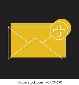 Mail add icon in doodle style vector illustration for design and web isolated on black background. Mail add vector object for label and advertising