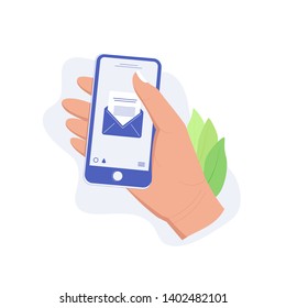 Mail app concept. Hand holds smartphone with incoming messages. New mail, sms, e-mail notification. Trendy flat style. Vector illustration.