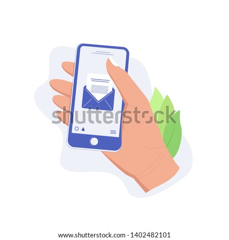 Mail app concept. Hand holds smartphone with incoming messages. New mail, sms, e-mail notification. Trendy flat style. Vector illustration.