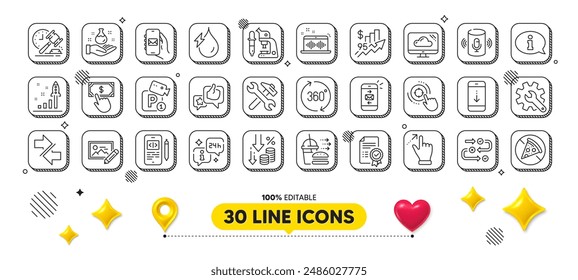 Mail app, Customisation and Chemistry lab line icons pack. 3d design elements. Food delivery, Seo target, Photo edit web icon. Scroll down, Development plan, 360 degrees pictogram. Vector