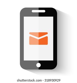Mail app illustration on a flat icon smartphone with shadow on a white background
