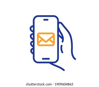 Mail app line icon. Hand hold phone sign. Cellphone with screen notification symbol. Quality design element. Line style mail app icon. Editable stroke. Vector