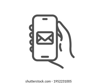 Mail app line icon. Hand hold phone sign. Cellphone with screen notification symbol. Quality design element. Linear style mail app icon. Editable stroke. Vector