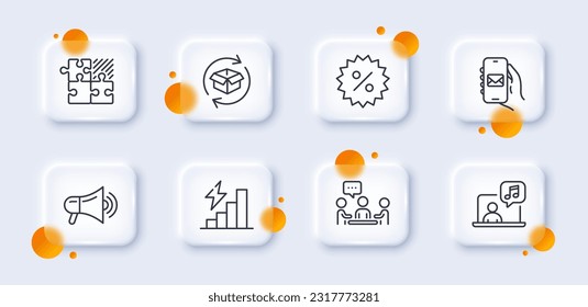 Mail app, People chatting and Return parcel line icons pack. 3d glass buttons with blurred circles. Puzzle game, Music, Consumption growth web icon. Megaphone, Discount pictogram. Vector