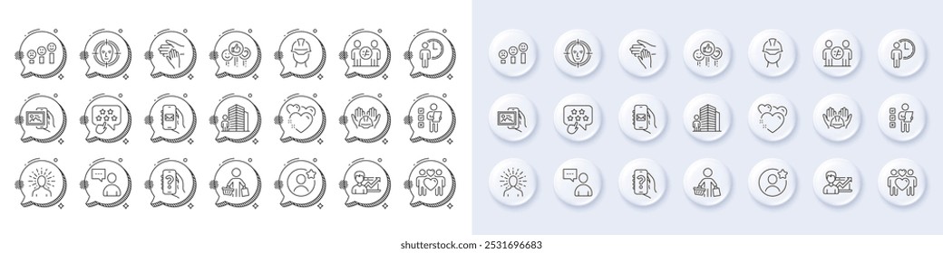 Mail app, Ranking star and Heart line icons. White pin 3d buttons, chat bubbles icons. Pack of Discrimination, Buyer, Voting ballot icon. Waiting, Best friend, Volunteer pictogram. Vector