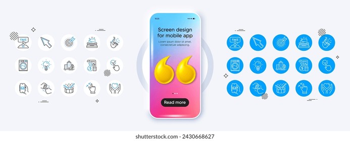 Mail app, Washing machine and Hold heart line icons. Phone mockup with 3d quotation icon. Pack of Touchscreen gesture, Fake review, Jazz icon. Fist bump, Target purpose, Typewriter pictogram. Vector