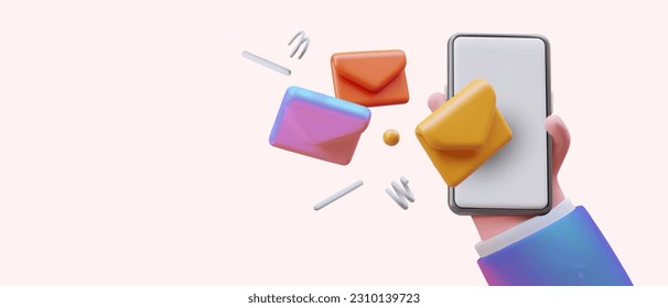 Mail applications for mobile phones. 3D image of smartphone with colorful envelopes. Simple and convenient sending and receiving email. Active messaging