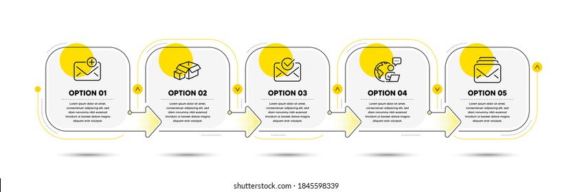 Mail, Approved mail and Packing boxes line icons set. Timeline process flowchart. New messages, Confirmed document, Add e-mail. Delivery package. Technology set. Infographics timeline banner. Vector