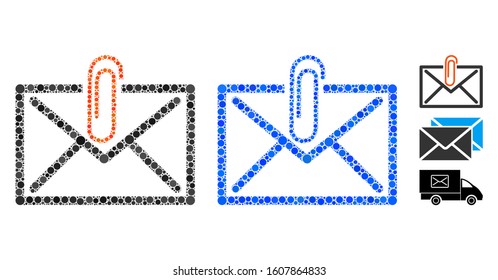 Mail attachement mosaic of filled circles in variable sizes and color tints, based on mail attachement icon. Vector filled circles are organized into blue composition.