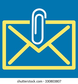 Mail Attachement vector icon. Style is bicolor flat symbol, yellow and white colors, rounded angles, blue background.
