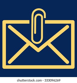 Mail Attachement vector icon. Style is flat symbol, yellow color, rounded angles, blue background.