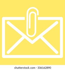 Mail Attachement vector icon. Style is flat symbol, white color, rounded angles, yellow background.