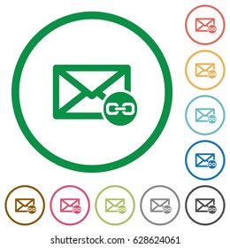 Mail attachment flat color icons in round outlines on white background