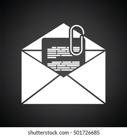 Mail with attachment icon. Black background with white. Vector illustration.