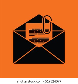 Mail with attachment icon. Orange background with black. Vector illustration.
