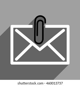 Mail Attachment long shadow vector icon. Style is a flat mail attachment black and white iconic symbol on a gray square background.