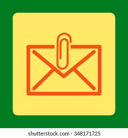 Mail Attachment vector icon. Style is flat rounded square button, orange and yellow colors, green background.