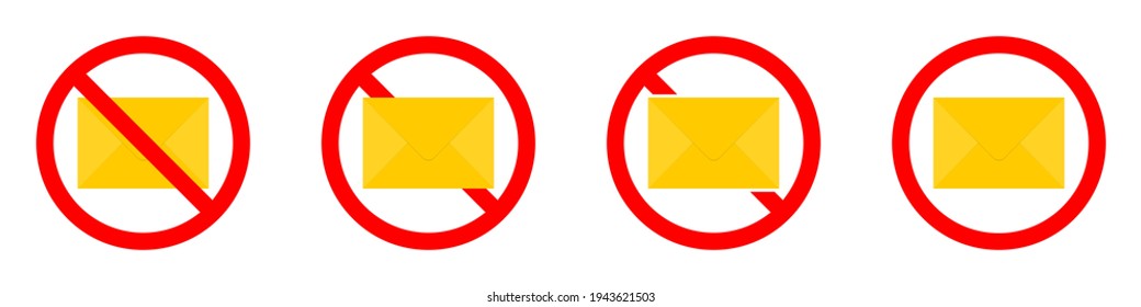 Mail ban icon. Letter is prohibited. Stop or ban red round sign with email icon. Vector illustration. Forbidden signs set.