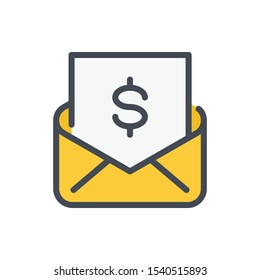 Mail with bill and payment confirmation color line icon. Email envelope with dollar vector outline colorful sign.