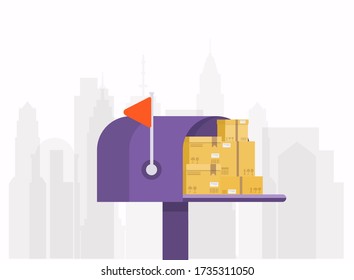 Caja de correo con caja de entrega de cartón. ilustración vectorial en el estilo plano.