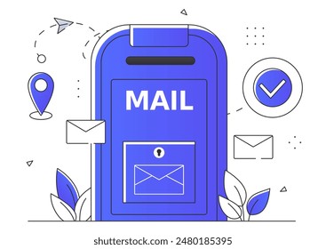 Mail box concept. Business or friendly correspondence. International communication and interaction. Postal box with envelopes. Linear flat vector illustration isolated on white background