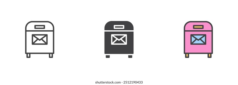 Mail box different style icon set. Line, glyph and filled outline colorful version, outline and filled vector sign. Post box symbol, logo illustration. Vector graphics