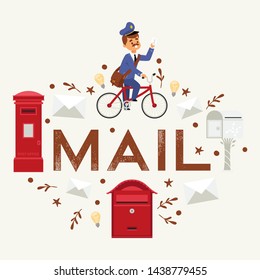 Mail box envelope postman deliveryman vector post mailbox postal mailing letterbox illustration. Postboxes man delivery letters sending in envelopes. Classic correspondence presentation.