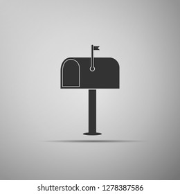 Mail box icon isolated on grey background. Mailbox icon. Mail postbox on pole with flag. Flat design. Vector Illustration