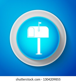 Mail box icon isolated on blue background. Mailbox icon. Mail postbox on pole with flag. Circle blue button. Vector illustration
