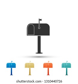 Mail box icon isolated on white background. Mailbox icon. Mail postbox on pole with flag. Set elements in color icons. Vector Illustration