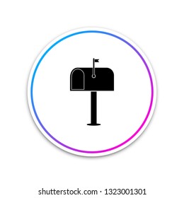 Mail box icon isolated on white background. Mailbox icon. Mail postbox on pole with flag. Circle white button. Vector Illustration