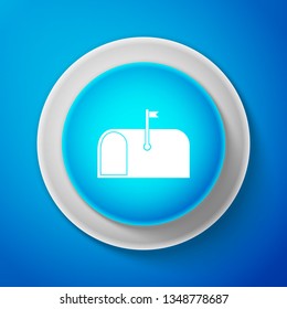 Mail box icon isolated on blue background. Mailbox icon. Mail postbox on pole with flag. Circle blue button. Vector Illustration