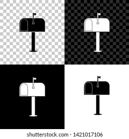 Mail box icon isolated on black, white and transparent background. Mailbox icon. Mail postbox on pole with flag. Vector Illustration