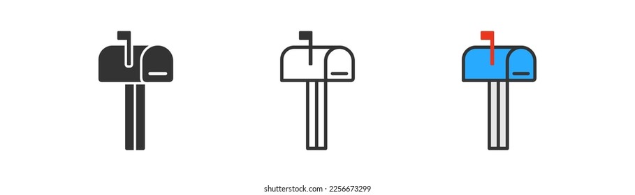 Mail box icon on light background. New message symbol. Street postal box. Outline, flat, and colored style. Flat design.