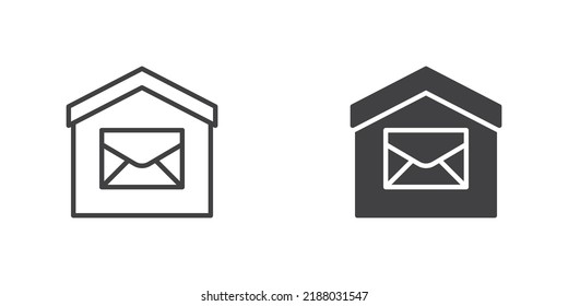 Icono del cuadro de correo. Publicar la línea del cuadro y la versión del glifo, el contorno y el signo del vector relleno. pictograma lineal y completo. Símbolo, ilustración del logotipo. Conjunto de iconos de estilo diferente