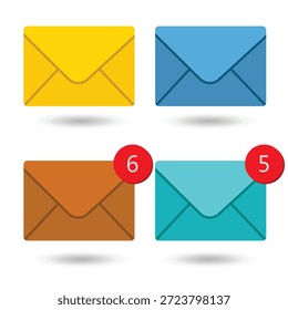 Iconos de buzón de correo con alertas de notificación. Conjunto de iconos de símbolos de notificación de correo. Icono de correo plano Estilo sólido aislado, 4 iconos de Vector de caja de correo de color de estilo diferente. Ilustración vectorial. 