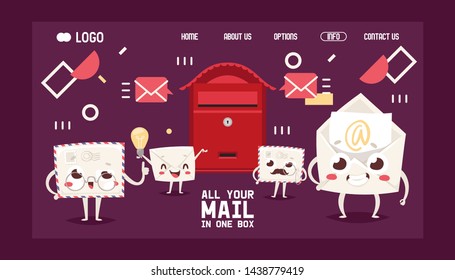 Mail box letter cartoon characters envelope vector landing page post mailbox postal mailing letterbox illustration. Postboxes design for delivery mailed letters sending in envelopes