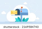 Mail box with letter in envelope. Letterbox. Business correspondence, subscription. Inbox mail and mailbox. New message, communication. Open post box. Post service. Flat design. Vector illustration