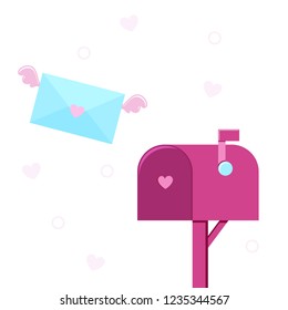Mail box with letter for illustration of post, parcel, mail service, inbox and delivered message. Valentine's Day. Colored flat icons, vector design.