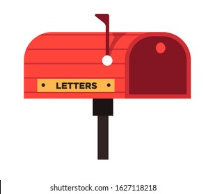 Mail box, letterbox in red with flag, golden plate for receiving incoming letters outdoors at private address or residence. Correspondence delivery container, postbox. Graphic vector illustration.