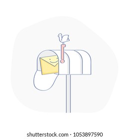 Mail box. Open mail box with new email, inbox mail with happy cute fun letter, envelope. Flat outline vector illustration concept.