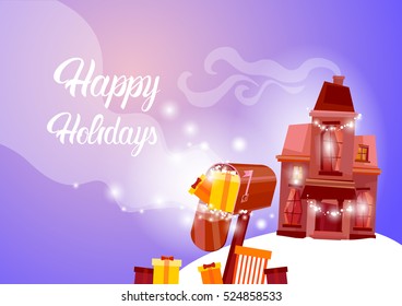 Mail Box With Present Happy New Year Merry Christmas Greeting Card Banner Flat Vector Illustration