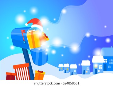 Mail Box With Present Happy New Year Merry Christmas Greeting Card Banner Flat Vector Illustration
